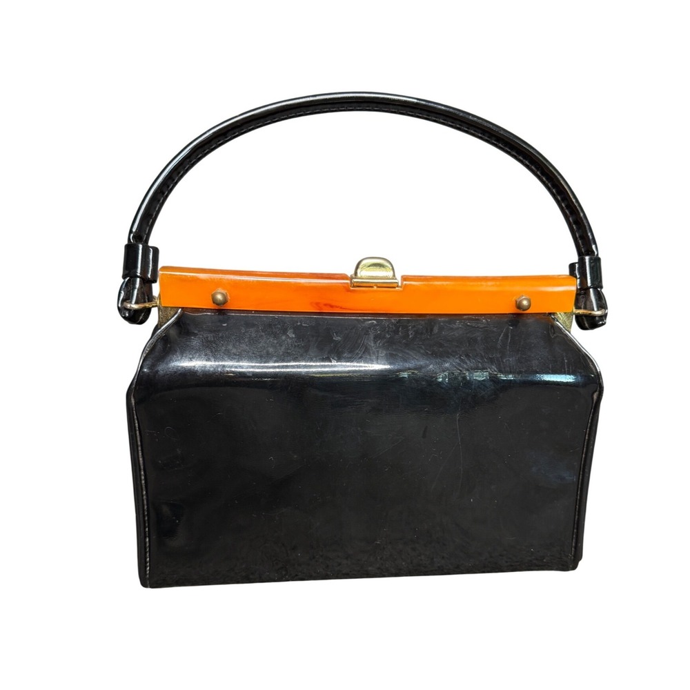 Vintage Dover Black Patent Handbag Amber Lucite Frame Top Handle Bag Made in USA